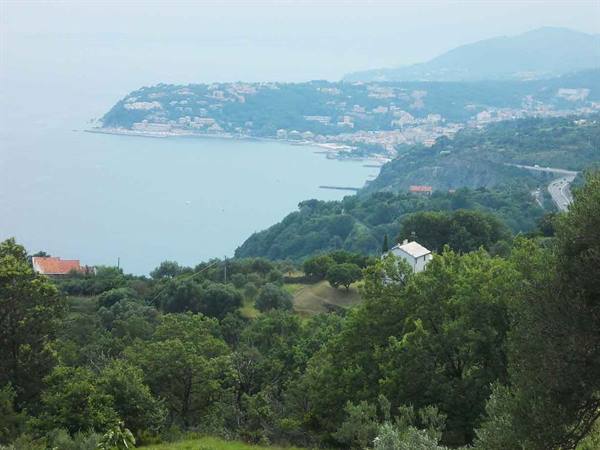 Ligurian coast with bay, houses among trees and highway on the hillside