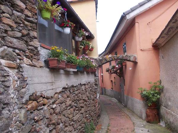 Alley between stone walls and pink houses, with hanging flower boxes