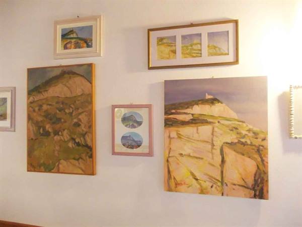 Oil paintings of rocky mountains hanging on a bright white wall