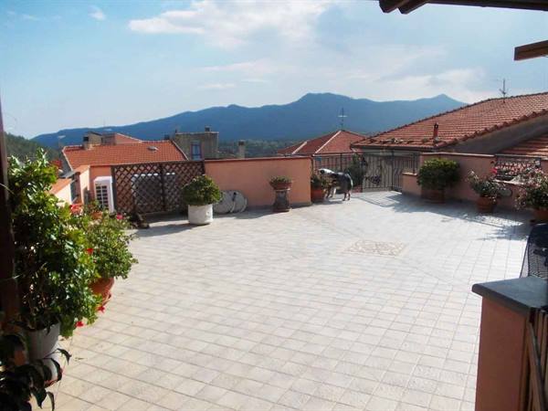 Tiled terrace with flower pots, red rooftops and mountains behind