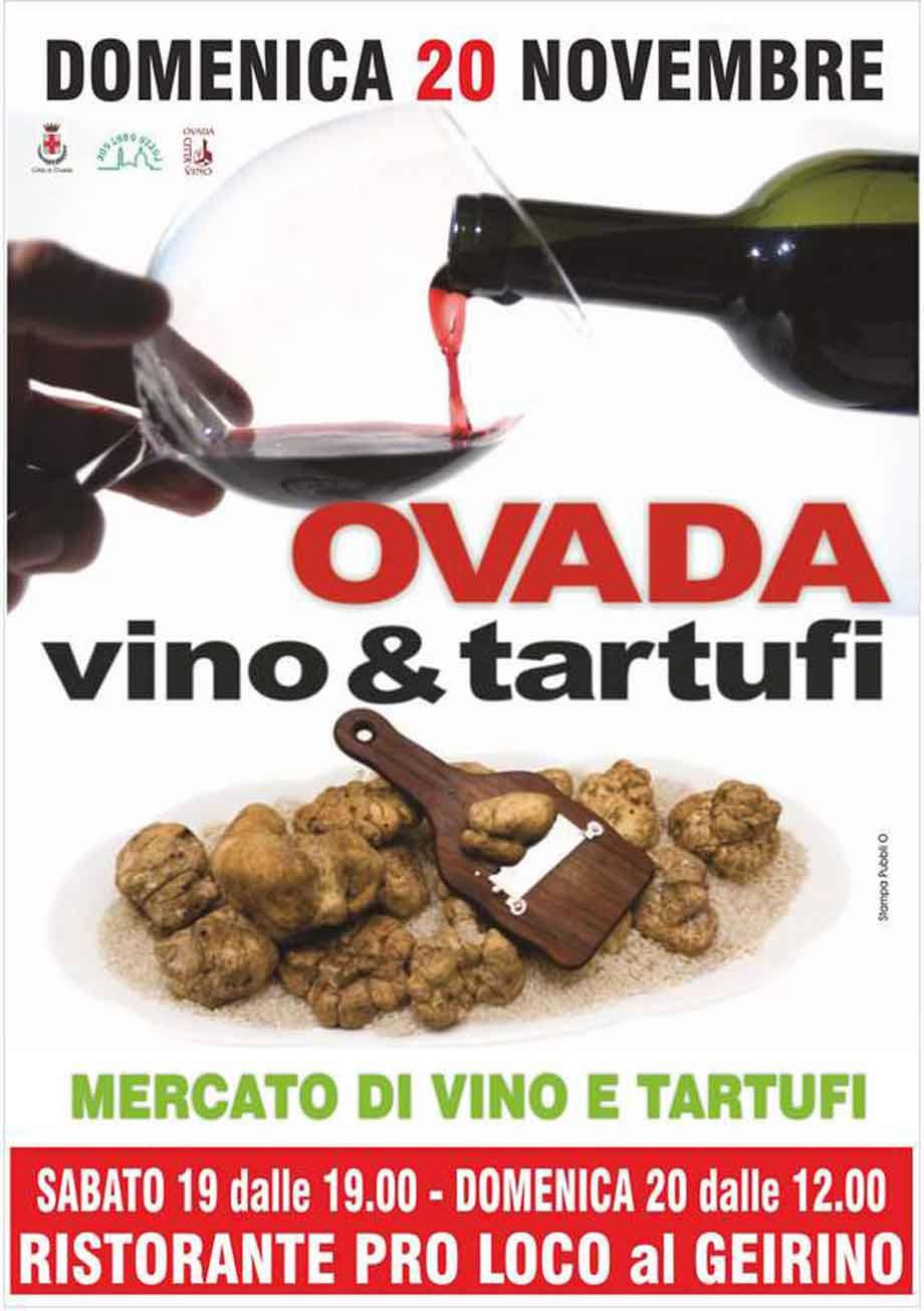 Locandina di Ovada vino e tartufi: vino versato nel calice e tartufi con tagliere