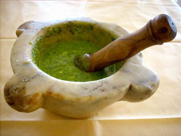 The pesto served in the mortar at Ristorante Ai Prati