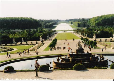 Gardens of Versailles: Latona fountain, tree-lined avenue and Grand Canal with visitors