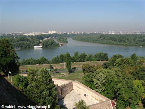 Stone walls of Kalemegdan fortress above the Sava river confluence