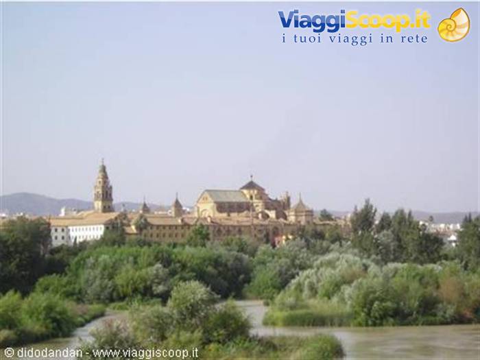 The Mezquita of Cordoba behind green trees and the river