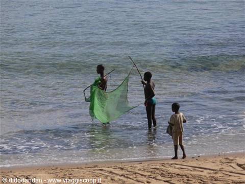 Fishermen with green net in shallow water, boy watching on sandy beach
