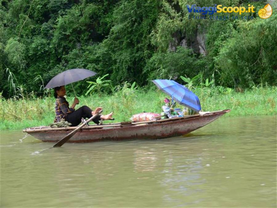 Woman rowing a wooden boat under an umbrella on green river, Tam Coc