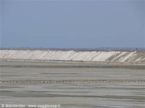 White salt piles at Margherita di Savoia salt pans under blue sky