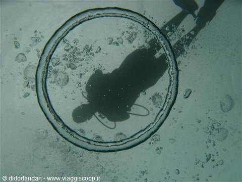 Diver silhouette seen through a circular hole in the ice, air bubbles