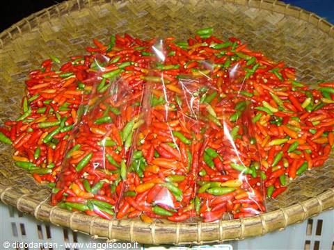 Red and green chili peppers in plastic bags on a woven basket