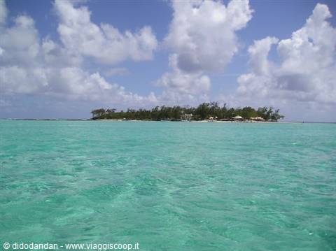 Small palm-covered islet with thatched huts surrounded by turquoise lagoon at Île aux Cerfs