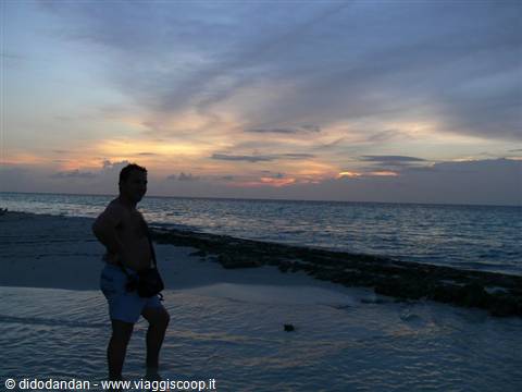 Tourist in swimwear on coral beach at dusk, orange sky over the ocean
