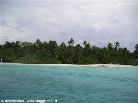Turquoise water in front of white beach and palm trees under cloudy sky