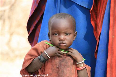 Child wearing bracelets and ochre cloth holds a green twig near blue and red fabrics