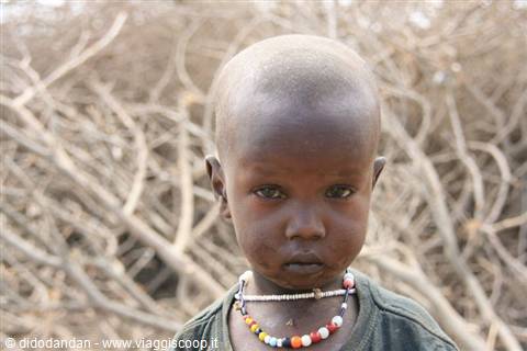 Child wearing colorful beaded necklaces in front of dry intertwined branches