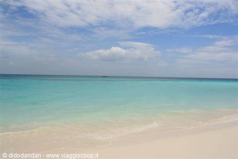 White sand and turquoise sea beneath a cloud-dotted sky