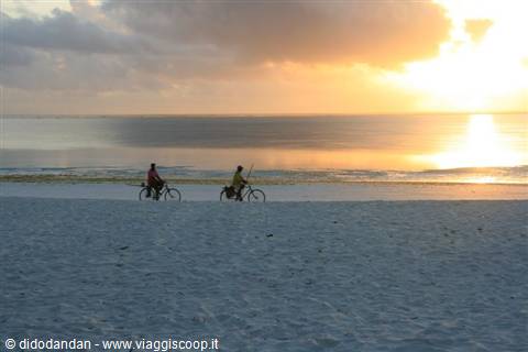 Two people ride bicycles along a white sand beach at sunrise