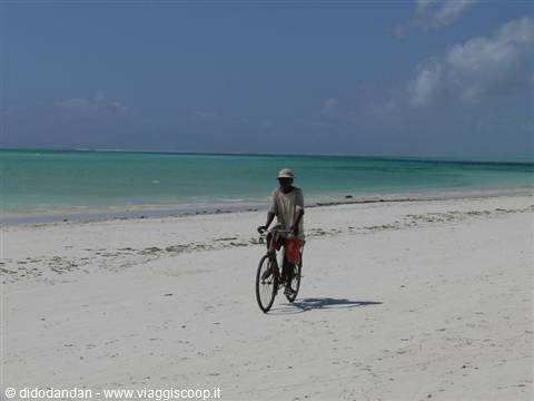 Man cycling on white sand beach, turquoise sea and blue sky