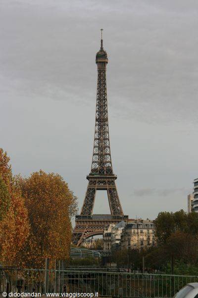The iron Eiffel Tower rises above autumn trees and Parisian buildings