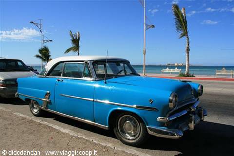 Vintage blue car on the La Paz waterfront, palms and sea behind