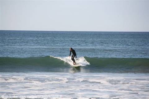 Surfer in black wetsuit riding a green wave under clear sky