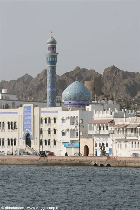 Blue-tiled minaret and dome mosque on the Muttrah corniche, Muscat