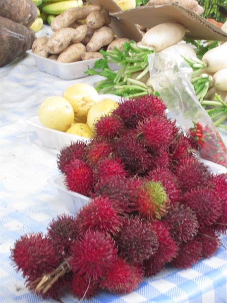 Spiky red rambutans close-up at a market stall with passionfruit and tubers