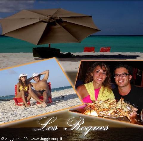 Los Roques collage: beach umbrella on white sand, couple posing and lobster dinner