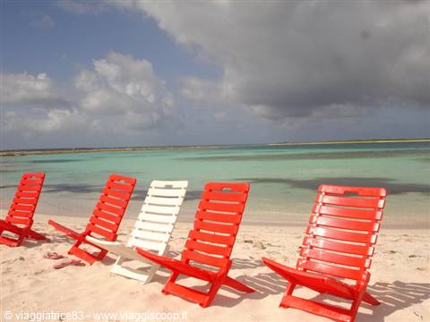 Red and white beach chairs on white sand facing turquoise water