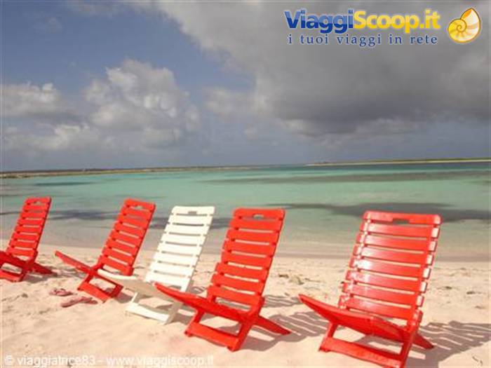Red and white beach chairs on white sand facing turquoise water