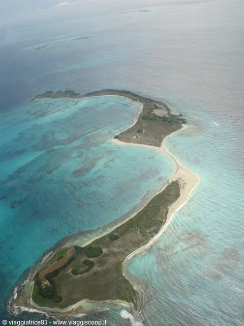 Desert island with sandy beach surrounded by turquoise water, aerial shot
