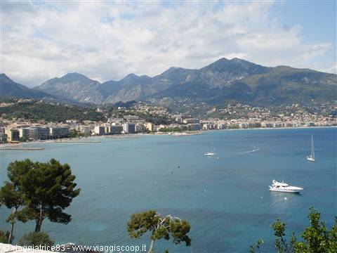 Motorboats and sailboats in the blue bay before a coastal town beneath mountains