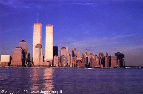 The Twin Towers and Manhattan skyline at dusk from the Hudson River