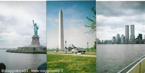 Photo triptych: Statue of Liberty, Washington Monument and Twin Towers skyline