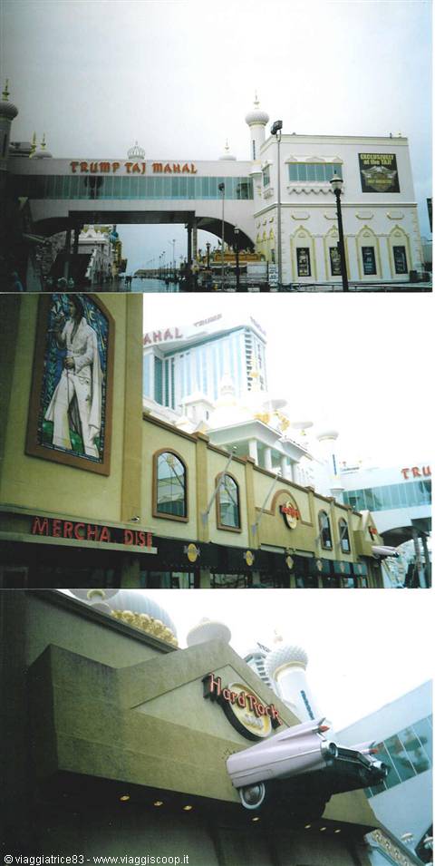 Trump Taj Mahal sign and Hard Rock Cafe with pink Cadillac on Atlantic City Boardwalk