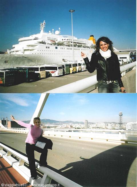Two girls on a Barcelona bridge, one next to a large white cruise ship