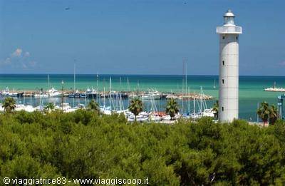 White lighthouse above the marina with boats and palms by the sea