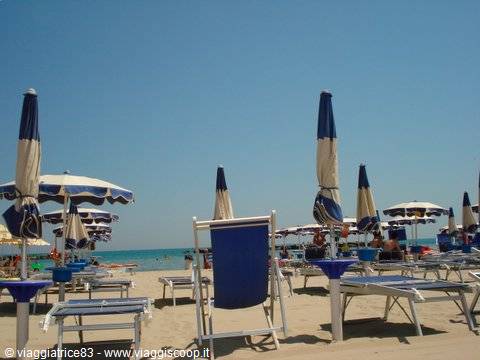 Beach with blue umbrellas and white sunbeds under clear sky