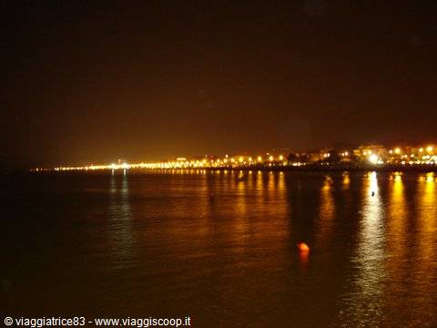 Yellow waterfront lights reflect on dark sea at night