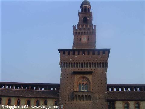 Brick Torre del Filarete at Castello Sforzesco in Milan under blue sky