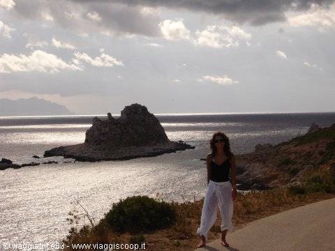 woman standing on coastal road in front of rocky islet under cloudy sky