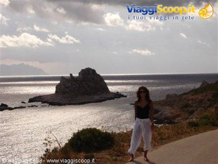 woman standing on coastal road in front of rocky islet under cloudy sky