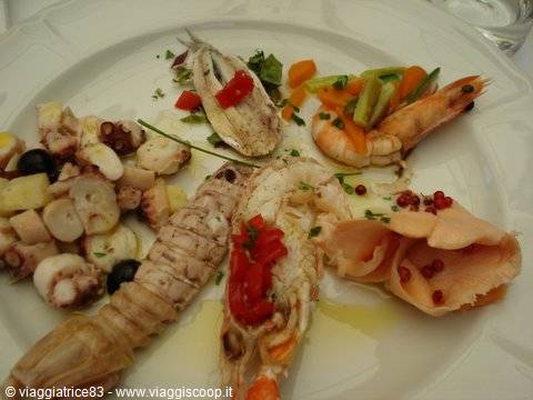 Seafood plate: mantis shrimp, prawns, octopus and vegetables on white dish