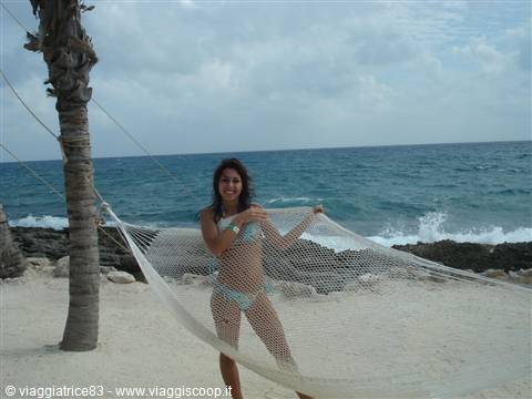 Woman in bikini on white hammock tied to palm, ocean waves behind