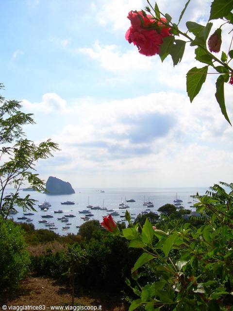 Red flowers and boats in Panarea bay, Aeolian Islands