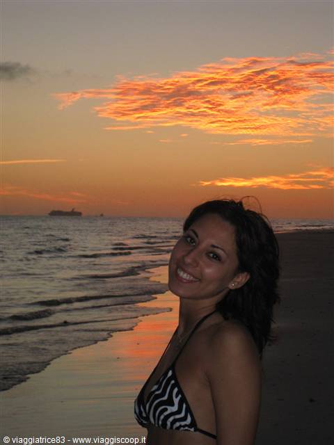 Smiling woman in bikini on beach at dusk, ships on the horizon