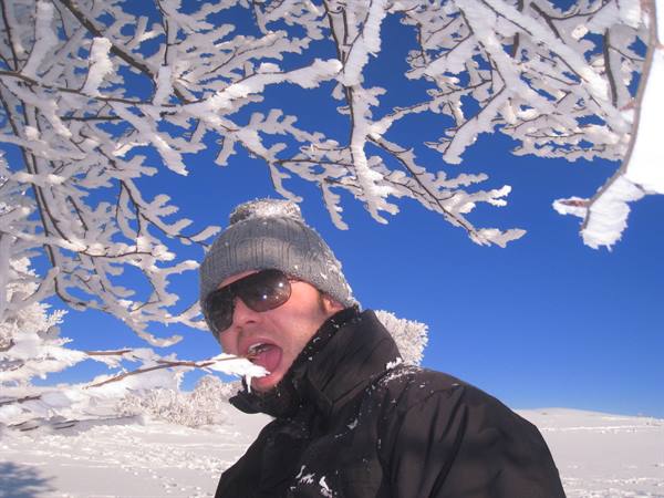Man in gray beanie and sunglasses licks frost off a branch, blue sky