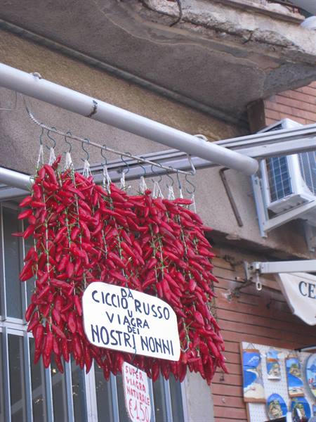 Bunches of red chili peppers hanging under a hand-painted shop sign