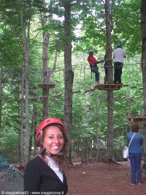Woman in red helmet smiles as people cross rope bridges between trees at adventure park