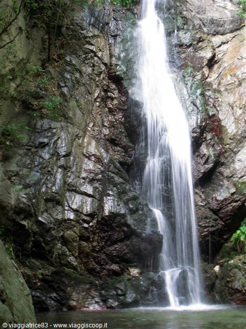 White waterfall cascading over dark wet rocks and greenery into a natural pool